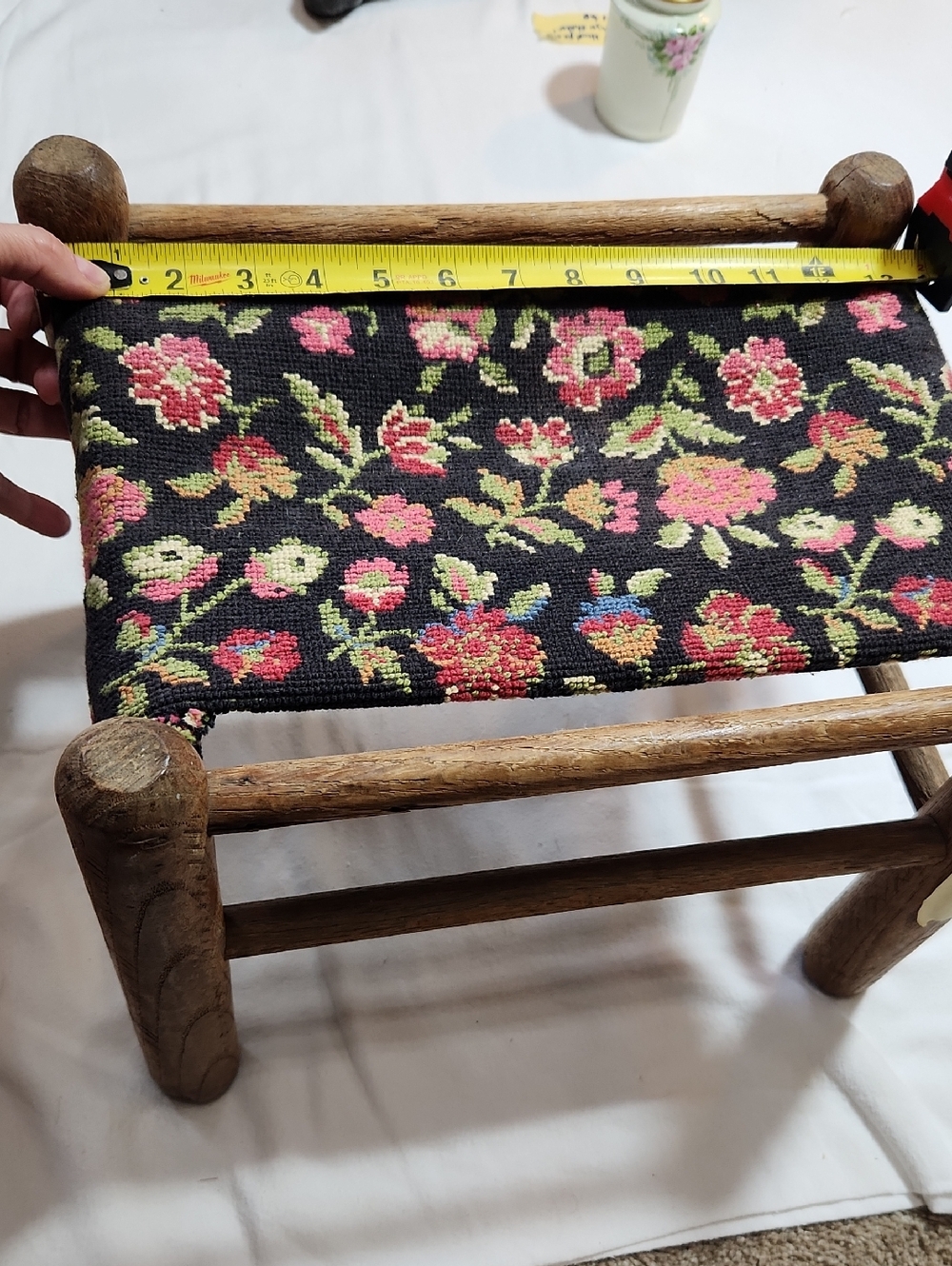 Floral Needlepoint Footstool Accent - Black and Pink